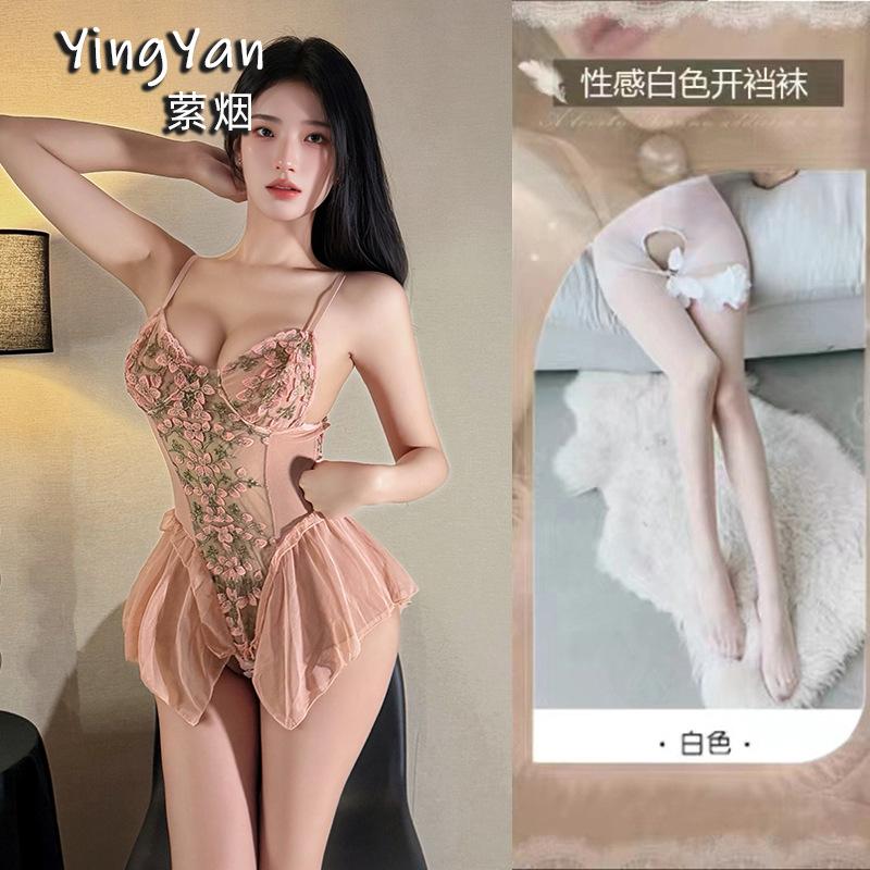 Sex underwear pure desire to avoid flowers and vines deep V-neck onesie sexy embroidered mesh tight suspender nightdress