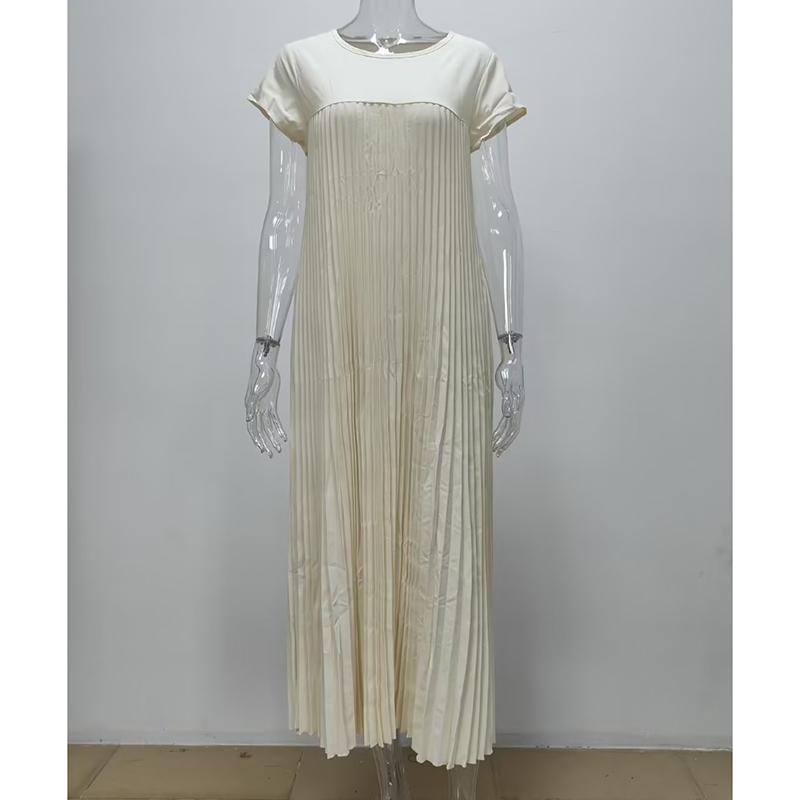 Summer Fashion Solid Plus Size Dress Women Round Neck Short Sleeve Loose Pleated Casual Dresses Women Elegant Vintage Simple Slim Ladies Dress 25546