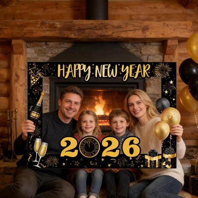 New Years Props Funny Photography Backdrop Black And Gold Handheld 2026 New Years Eve Photo Props For Women Family Kids Indoor