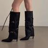 Stylish! Pointed Thin Heel Boots Women's High Heel Rivet Locomotive Boots Belt Buckle High Trousers Knight Boots