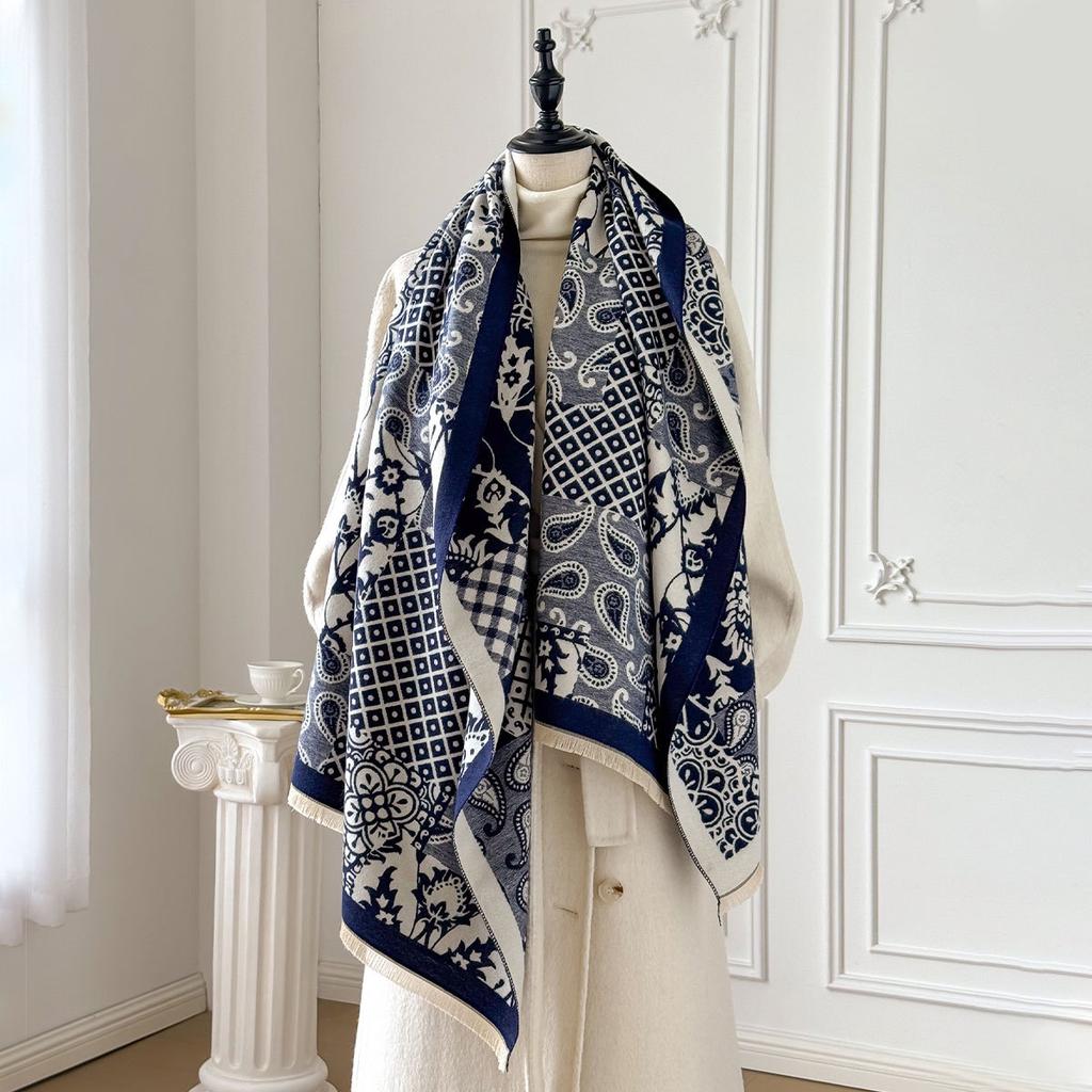 Autumn And Winter Imitation Cashmere Scarf Thickened And Lengthened Flower Scarf Retro Ethnic Style Shawl Dual-Purpose Outer Cover