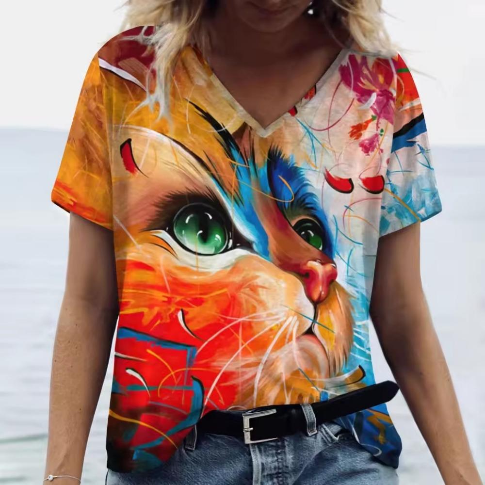 V Neck Tshirt Streetwear Y2k Clothes Women Summer Casual Oversize Dazzle Color Cats Print Shirt Short Sleeve Top Vintage Female