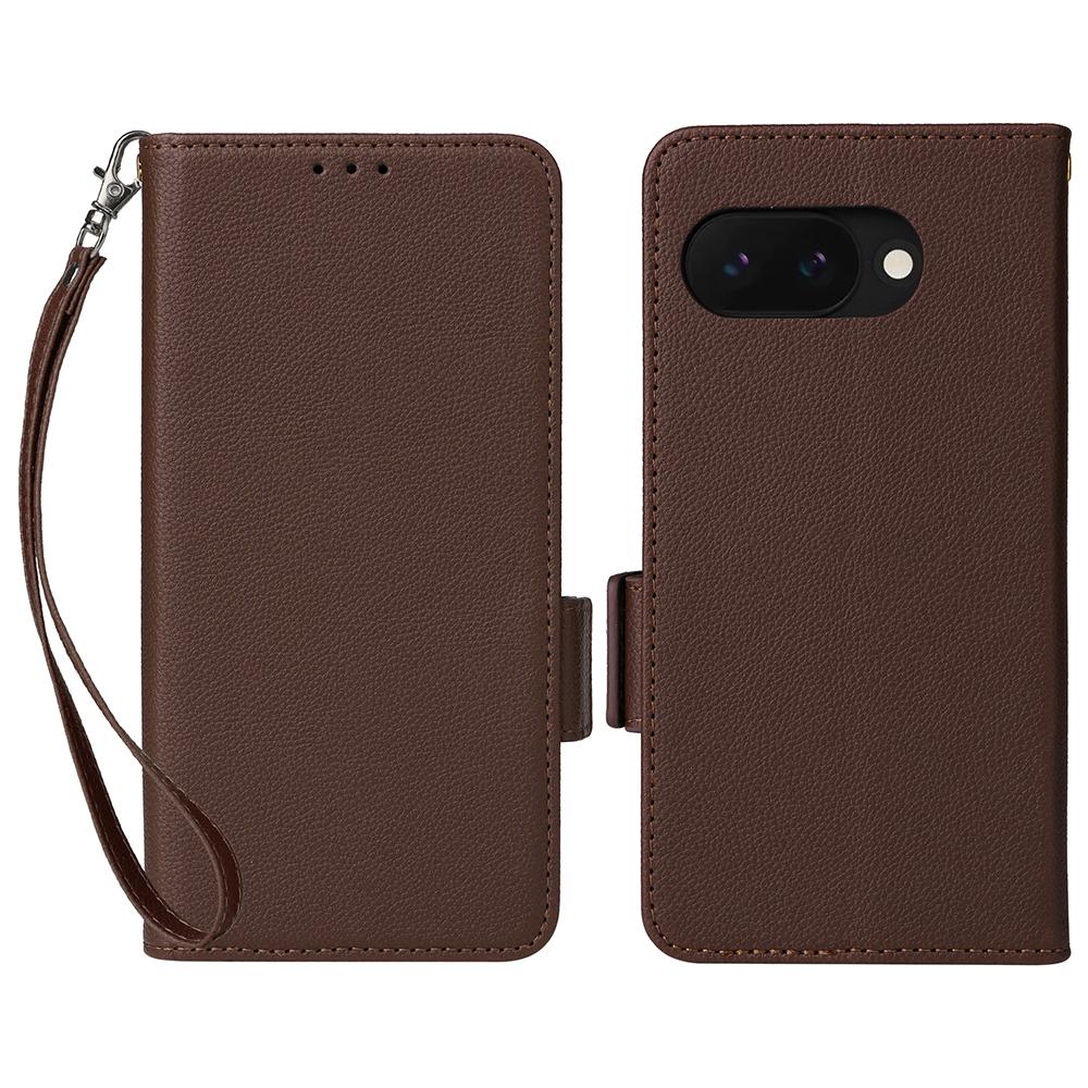 For Google Pixel 9a Case with Wrist Strap Litchi Texture PU Leather Wallet Phone Cover
