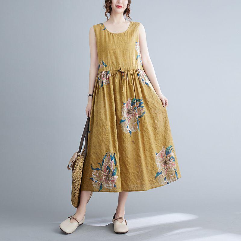 Abiti Estivi Vintage Stampati da Donna Senza Maniche Moda Ampi Vacanza Spiaggia Abito Sottile Eleganti Vestidos Robe Femme