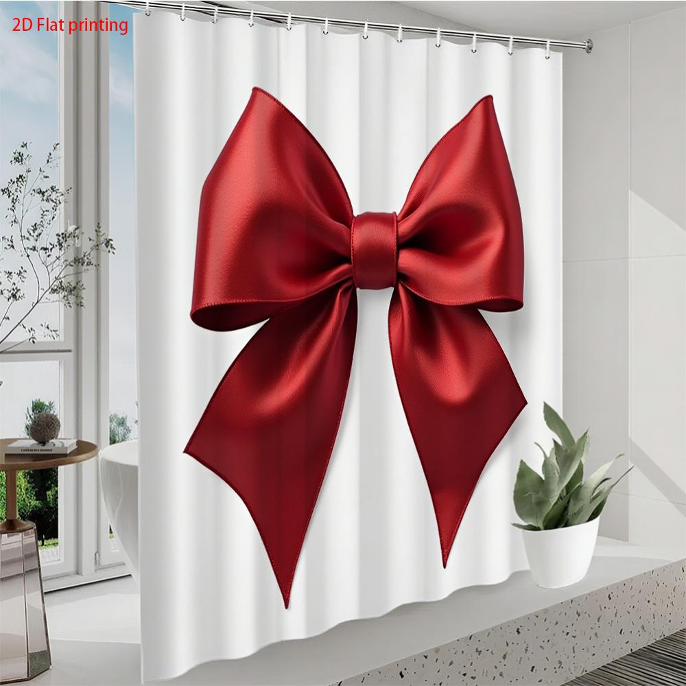 Elegant Red Bow Shower Curtain White Background Polyester Bath Curtain With Hooks For Modern Bathroom Decor