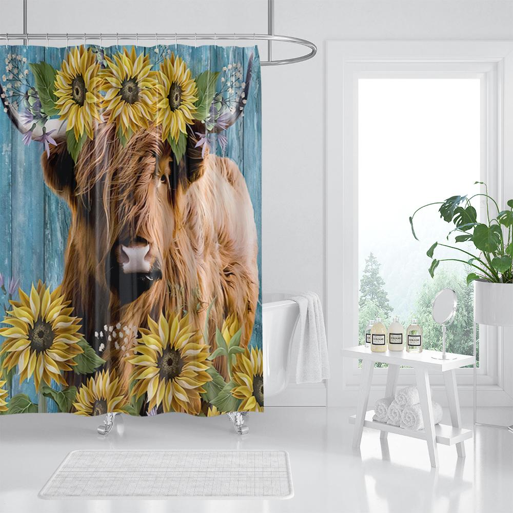 Funny Highland Cow Shower Curtain Farm Animal Sunflower Watercolour Flowers Farmhouse Polyester Fabric Bathroom Decor with Hooks