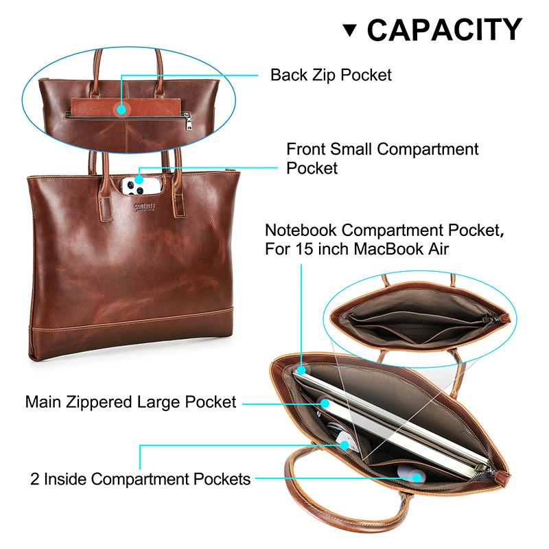CONTACT'S Genuine Leather Handbag Men Retro Quality Large Capacity Briefcase Male Metal Zipper Daily Office Travel Laptop Bag