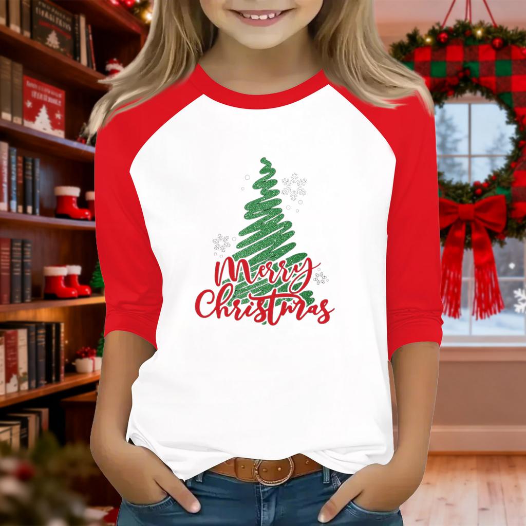 Oberteile für junge Mädchen 4-16 Jahre Rundhals 3/4-Ärmel T-Shirts Trendige Oberteile Outfit T-Shirts Weihnachtstag