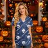 Damska koszula robocza z dekoltem w serek, krótkim rękawem i kieszeniami, z nadrukiem na Halloween, top do uniformu opiekuna