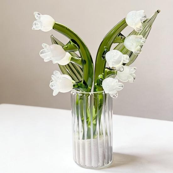 Mini Glass Lily of The Valley Flower Figurine Handmade Faux Crystal Small Flower Bouquet Collectible Ornaments for Mother's Day Birthday Valentines