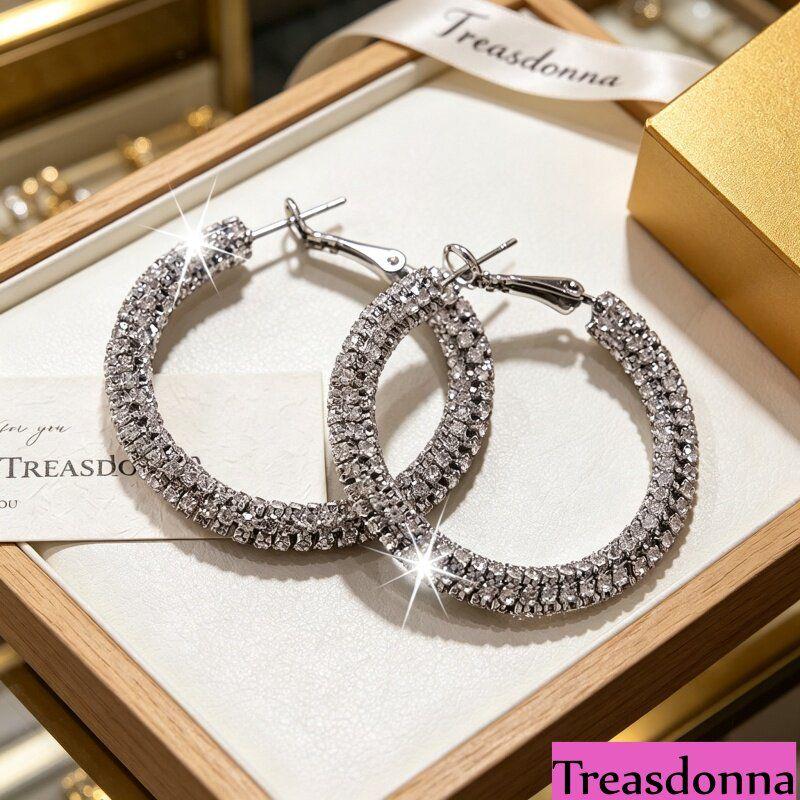 

Diamond-Encrusted C-Shaped Large Hoop Earrings, Elegant European and American Style, Casual and Fashionable Large Circle Earrings with Silver Posts Silver + Rhinestone + Silver Needle/Small Size 4cm