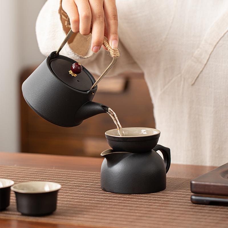 Black pottery Kung Fu tea set Chinese-style household brewing teapot cover bowl simple high-end ceramic cover bowl drinking tea cup set