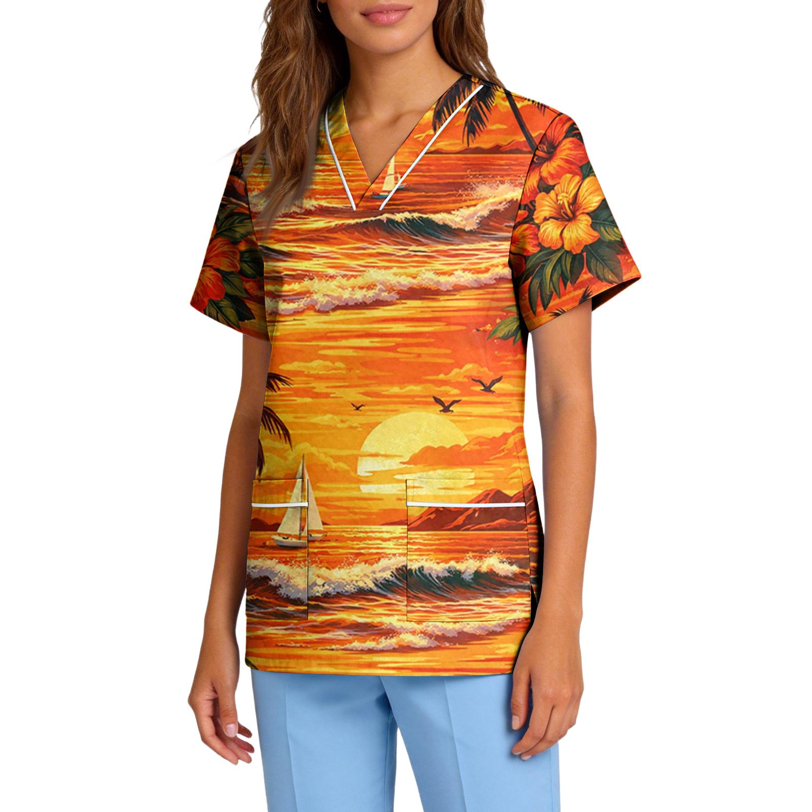 

Women s Stretch Quick-Dry V-Neck Short Sleeve Workwear Top with Hawaiian Print & Pockets XL жовтий