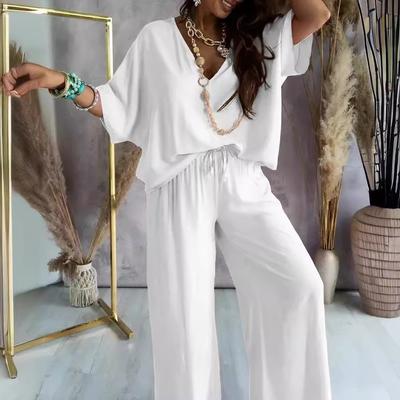 Summer Casual Loose Two Piece Set Women V-neck Pants Sets Women Elegant Batwing Sleeve Homewear Outfits