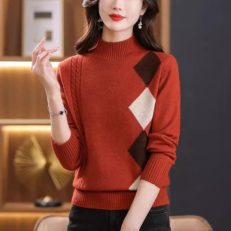 

Клетчатый контрастный цвет женская одежда пуловер длинный рукав полувысокий воротник осень зима свитер трикотажные офисные женские топы M красный
