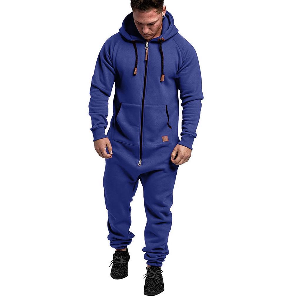 Men's Solid Color Hooded Fleece Jumpsuit