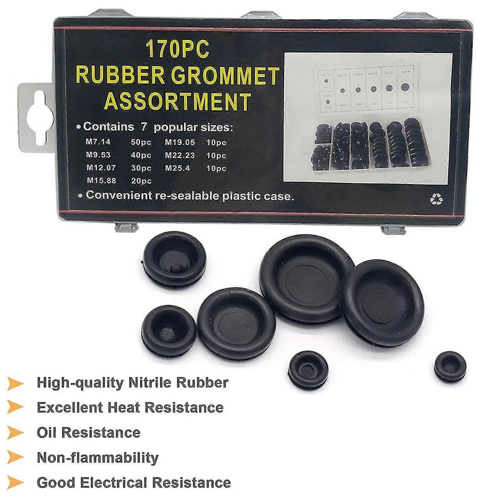 170pcs Rubber Grommet Kit 7 Sizes Firewall Hole Plug Electrical Wire Gasket Kit For Auto Car Wire Plug And Cable, Black - DD