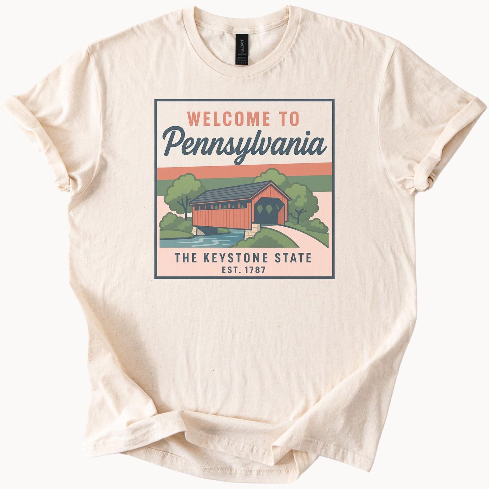 Pennsylvania Keystone State Graphic T Shirt Welcome to Pennsylvania Covered Bridge Scenic Nature State Pride Souvenir Est 1787 Tee 140