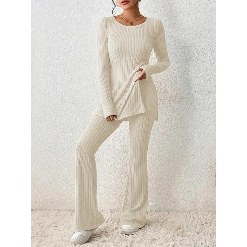 Women's Slim Two-Piece Outfit Long Sleeve Knit Top Elastic Waist Flared Pants Casual Tracksuit