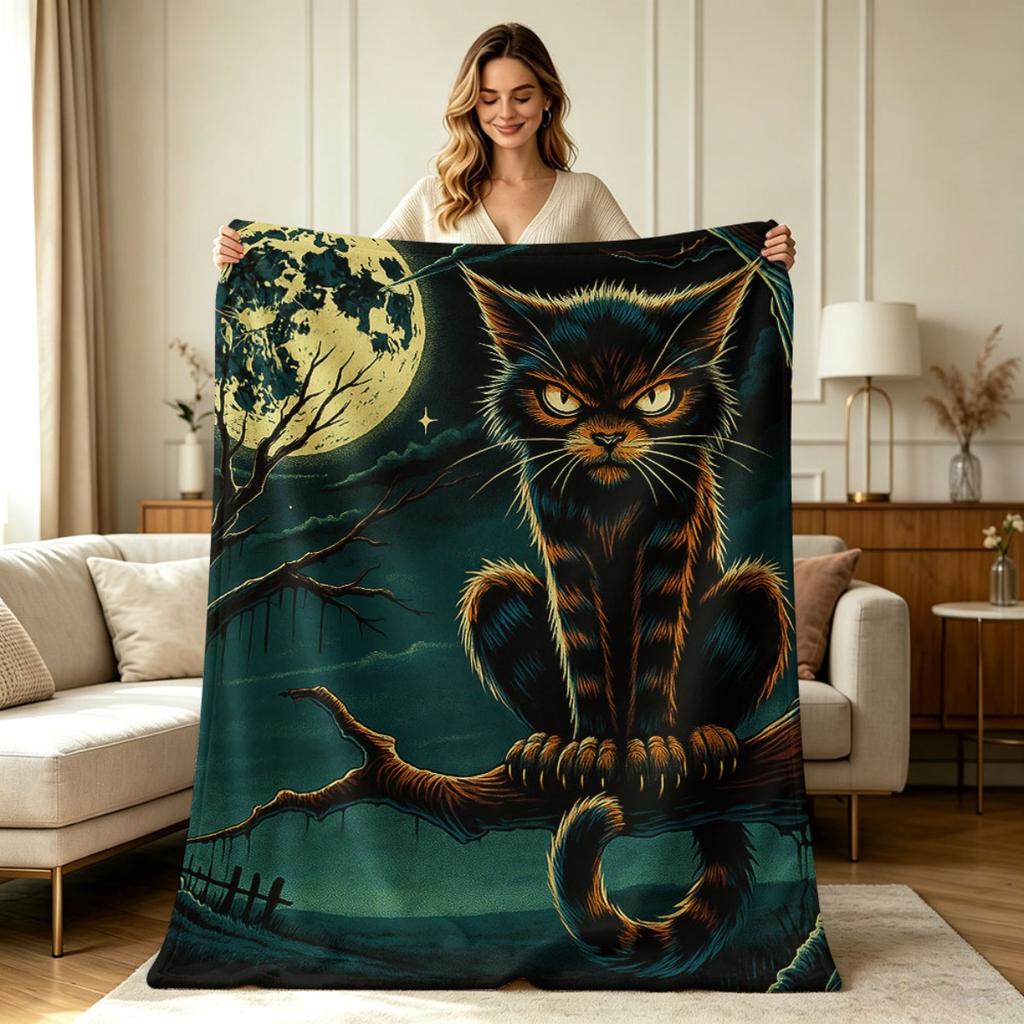 All Season Flannel Blanket Spooky Midnight Cat And Full Moon Print Warm Soft Throw Blanket for Sofa Couch Bedroom Living Room Home Decor