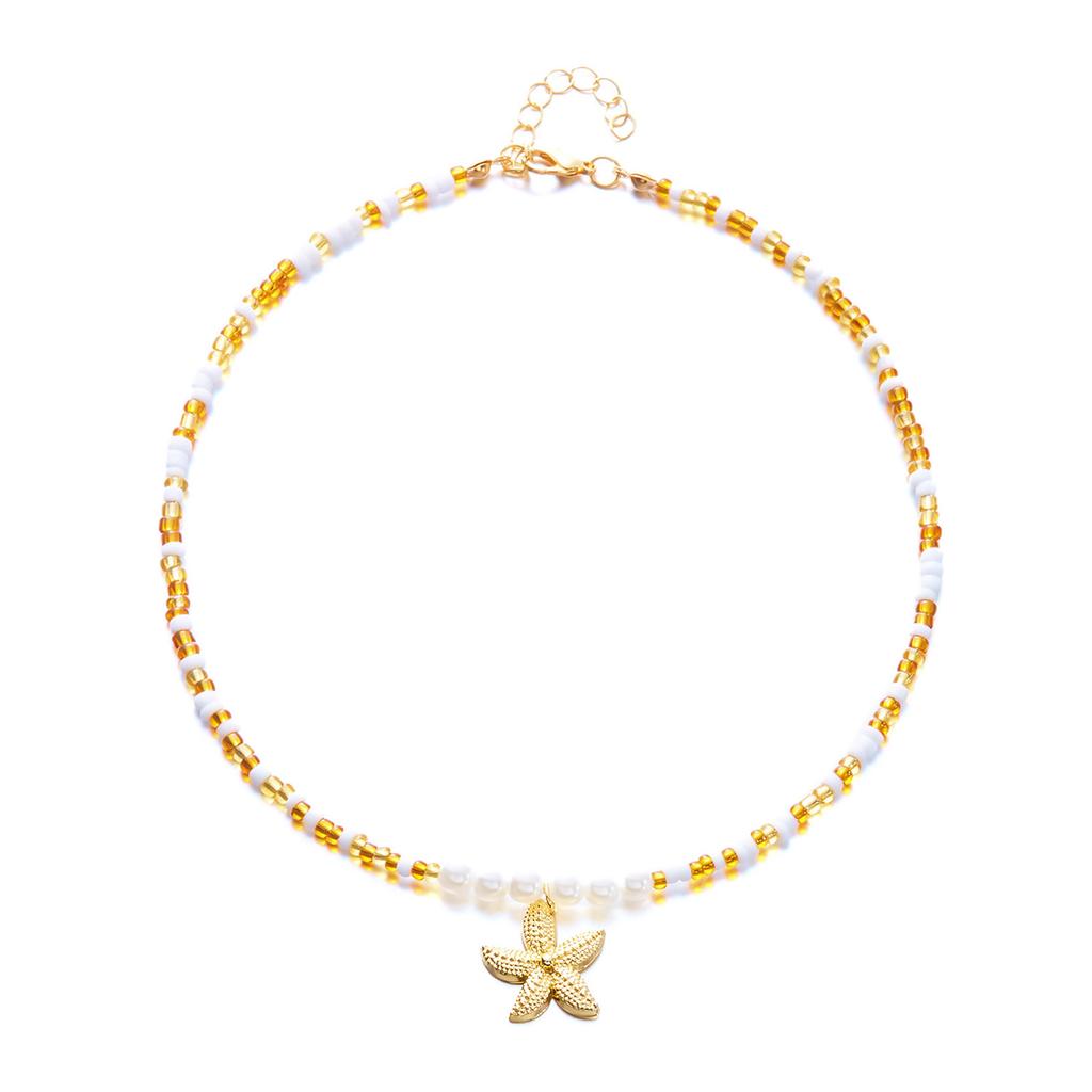 Bohemian Starfish Pendant Pearls Bead Necklace Adjustable Length Portable Jewelry for Beach Vacation and Parties