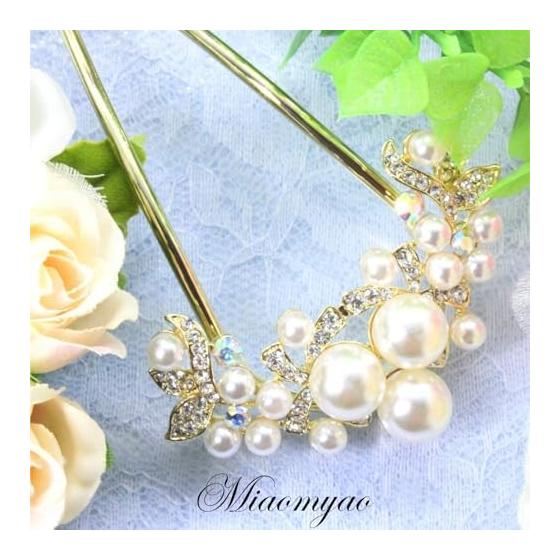 Miaomyao U-Shaped Hairpin Hair Stick Japanese Style Yukata Kimono Pearl Hair Comb Antique Hair Accessories Gold Flower Motif Zirconia Faux Pearl