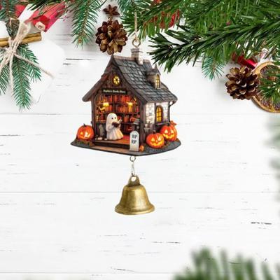 Ghost Reading Book Halloween Ornament 2D Flat Ghost In Reading Nook Hanging Decoration with Bell Window Hanging Wind Chime for Home Decor