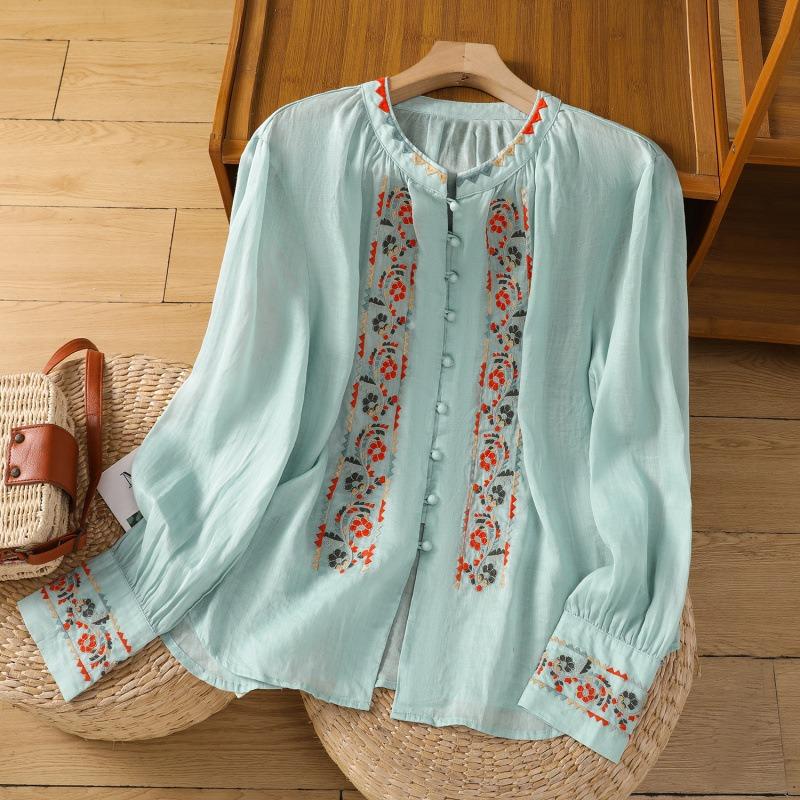 Vintage Ethnic Embroidered Long Lantern Sleeve Loose Thin Shirt For Women