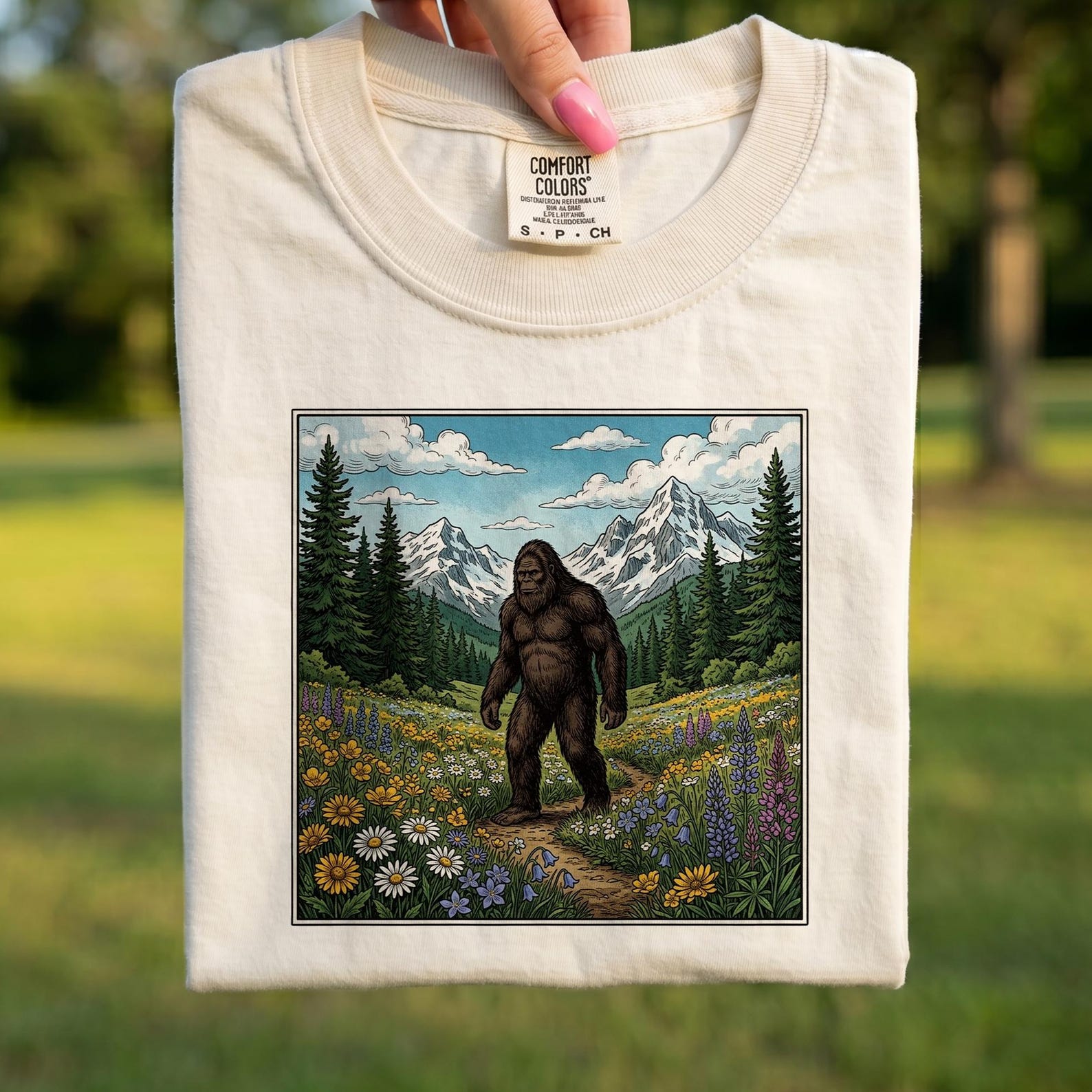 Comfort Colors® - Bigfoot Mountain Wildflower Shirt, Sasquatch Nature Tee, Funny Bigfoot Hiking Outdoor Gift, Bigfoot Lovers S
