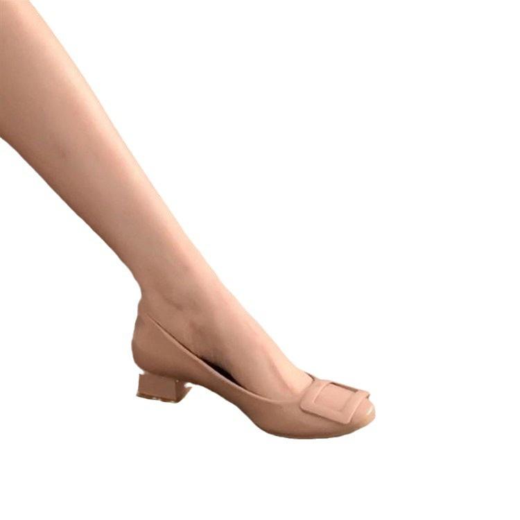 Single shoe women's 2024 new spring classic square buckle patent leather versatile thick heel commuting women's shoes