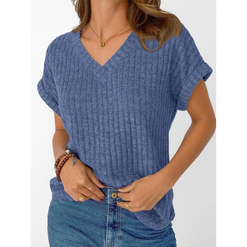 Top de punto casual suave para mujer, de color liso, con cuello en V acanalado y manga corta