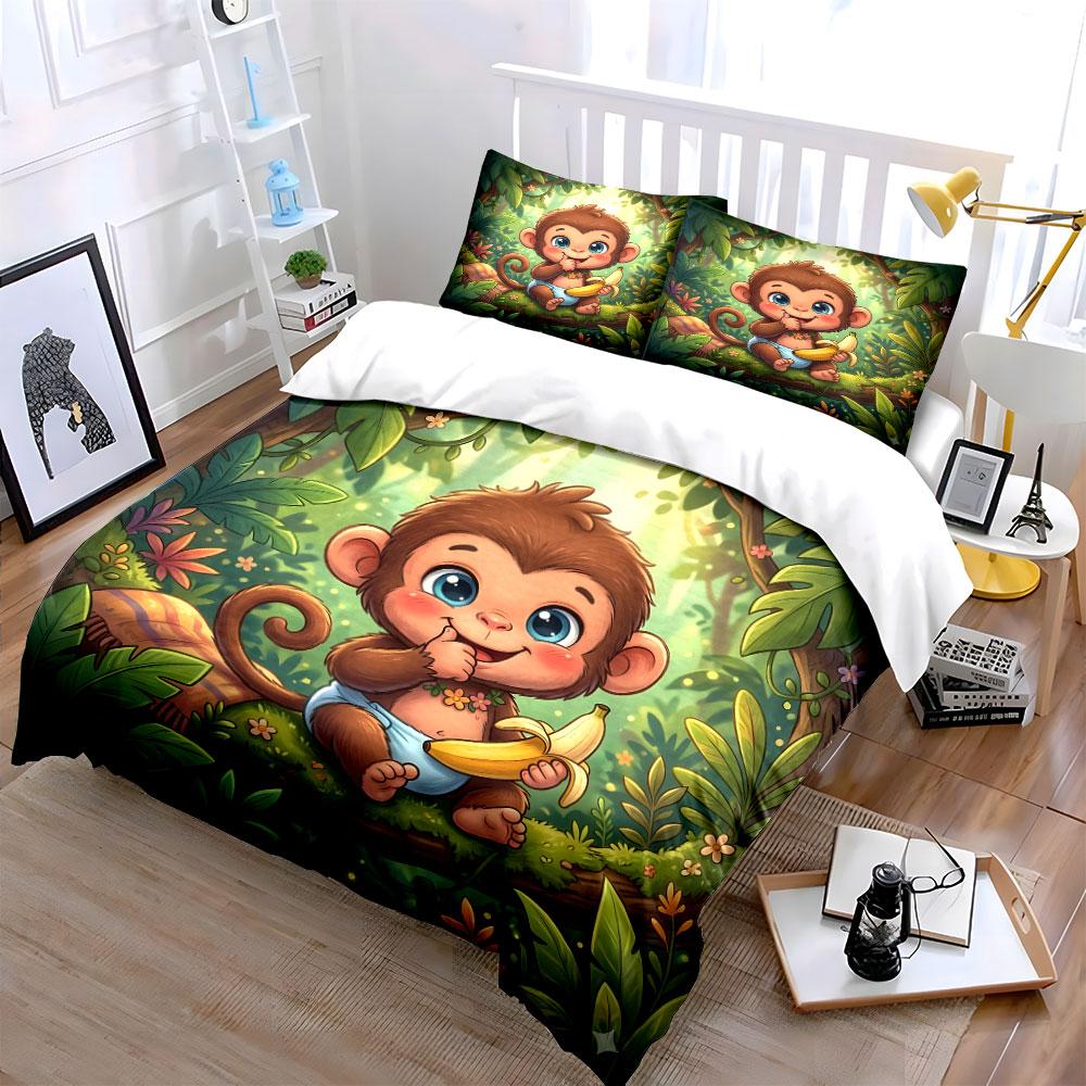 Süßer Affe im Wald Cartoon-Druck Bettwäsche-Set 1 Bettbezug 2 Kissenbezüge für Erwachsene und Kinder Luxuriöses Geschenk Vollgröße