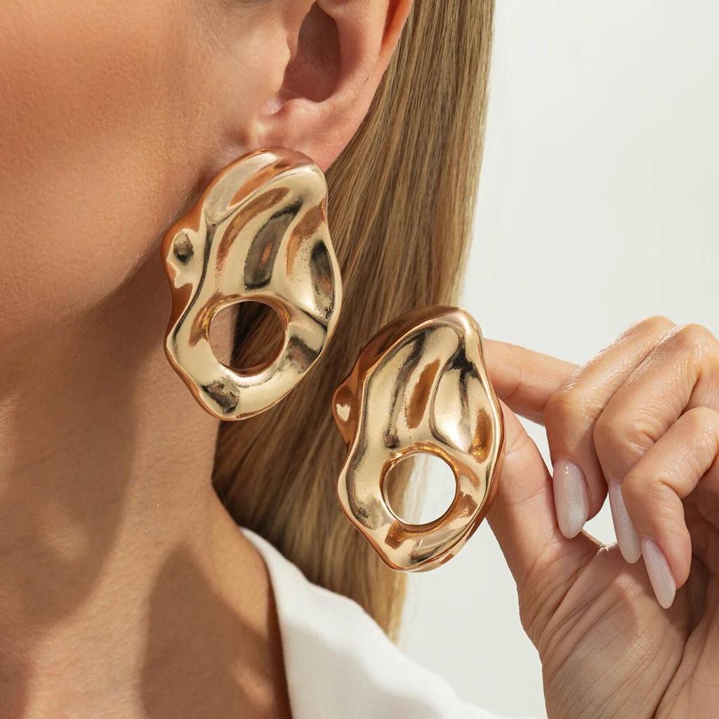 IngeSight.Z Exaggerated Irregular Geometric Hollow-out Drop Earrings Women Punk Personality Pleated Metal Earrings Jewelry Gifts