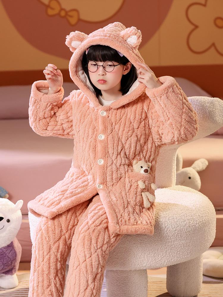 Winter Kids' Flannel Pajamas: Boys & Girls Coral Fleece, Velvet-Lined, Three-Layer Quilted Parent-Child Sleepwear