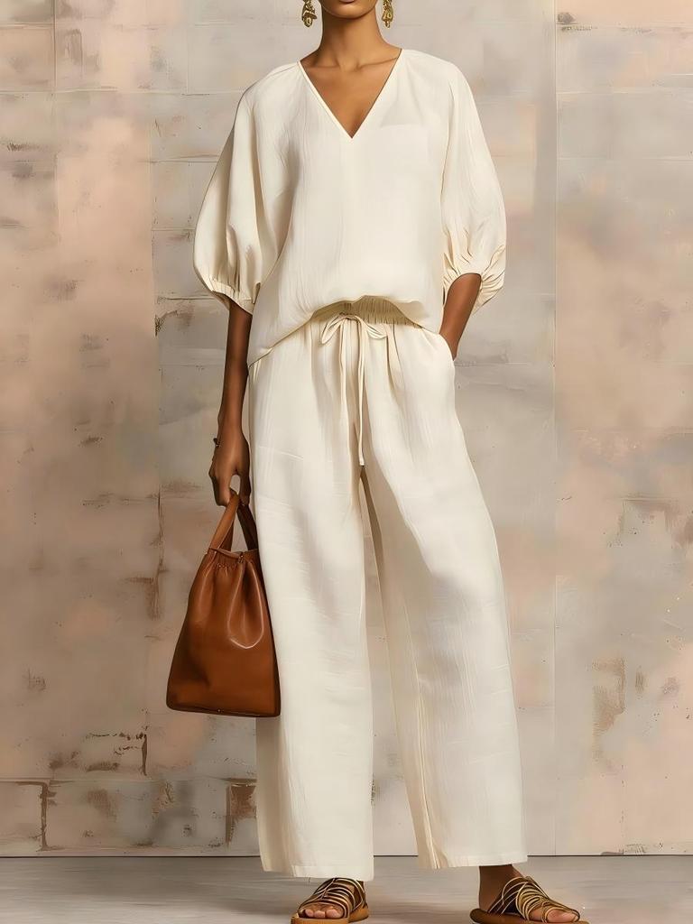 New Arrival Minimalist Solid Color Loose V-Neck Casual Chic Two-Piece Set