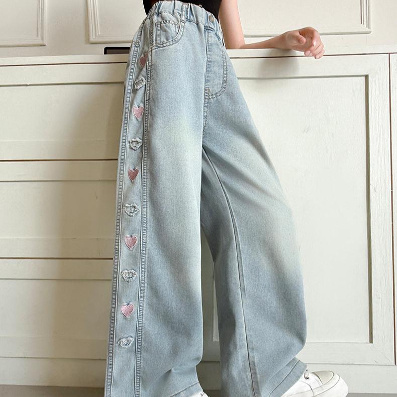 

Летние брюки для девочек, детские модные брюки прямого кроя, повседневные широкие джинсы из тонкой ткани 140