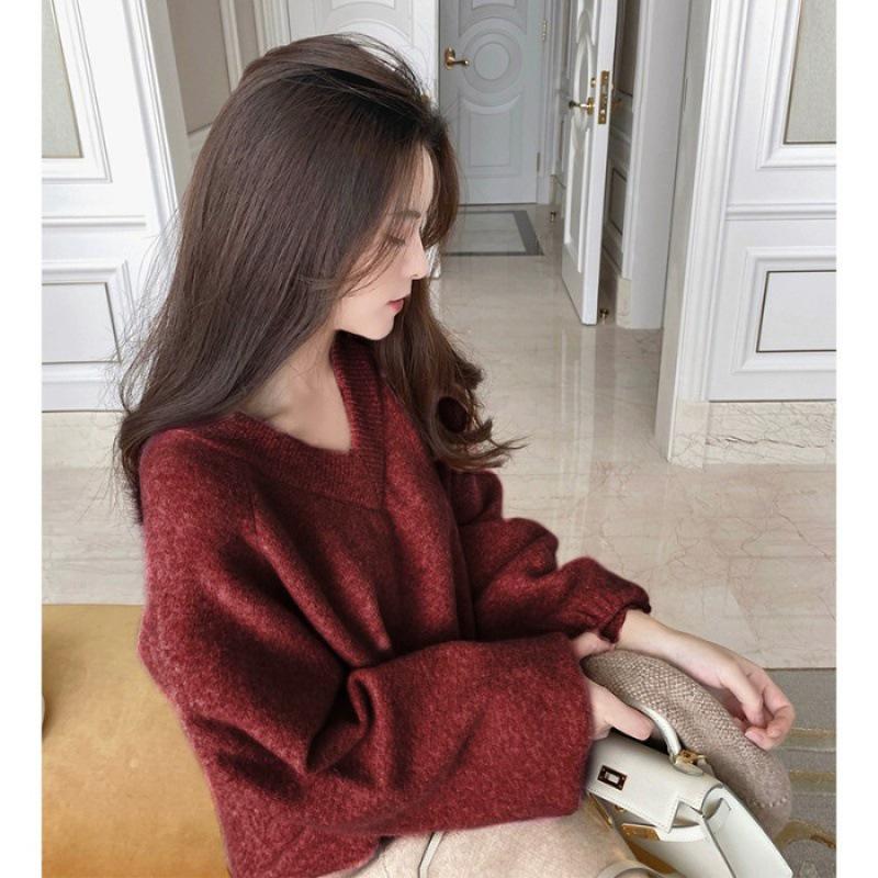 Ethereal Pink V-Neck Cashmere Sweater for Women - Thick, Loose, Lazy Style, Perfect for Winter, Sweet & Gentle Japanese Aesthetic