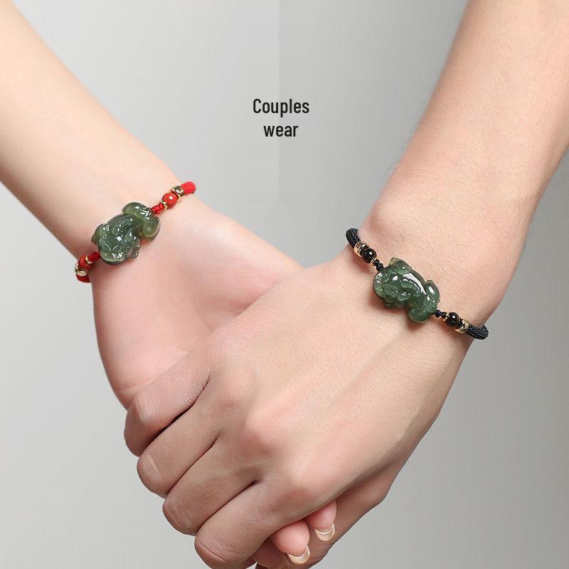 Pulsera Amuleto Pixiu Atractora de Riqueza de Jade Hetian para Parejas - Joyería de Cuerda de Mano de Jade y Cuentas para Mujeres y Hombres.