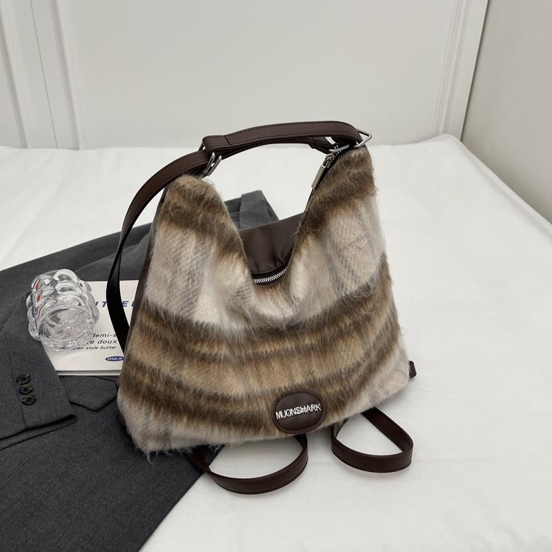 Woolen Plaid Large Bag Women's 2024 New Spring Maillard Shoulder Tote Bag Multi-purpose Large-capacity Backpack
