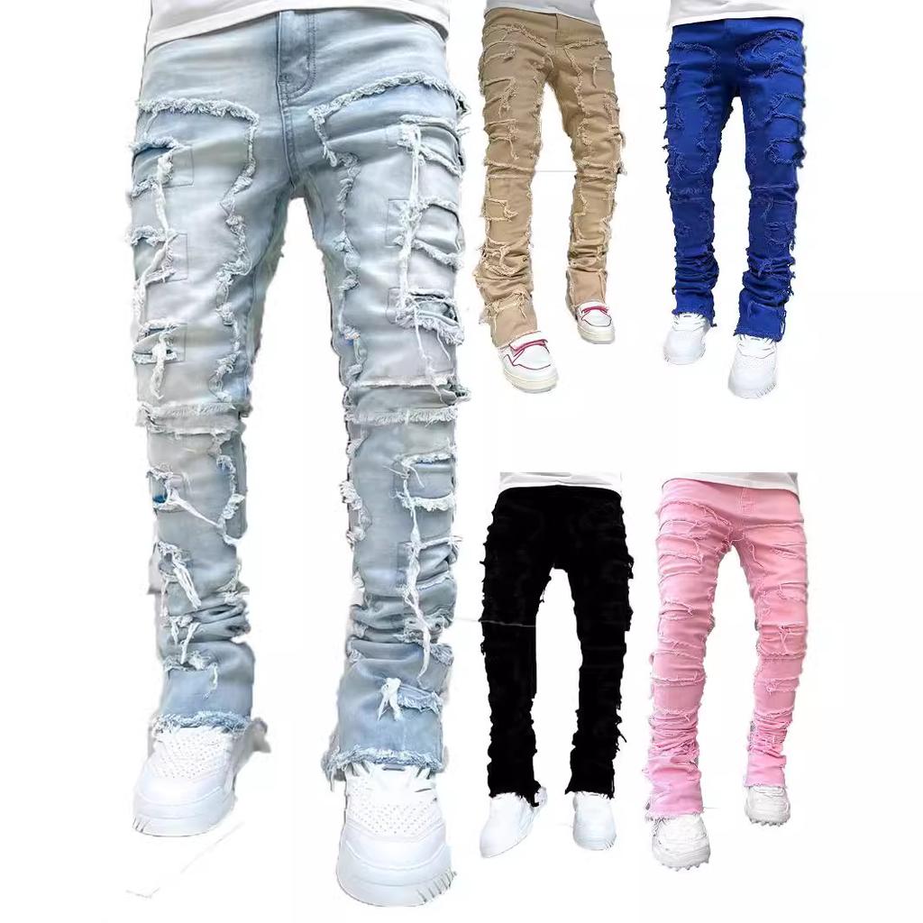 Spring and Autumn Individual Patched Black Pants Elastic Tassel Patch Denim Straight Pants Long Tight Fit Stacked Jeans for Men
