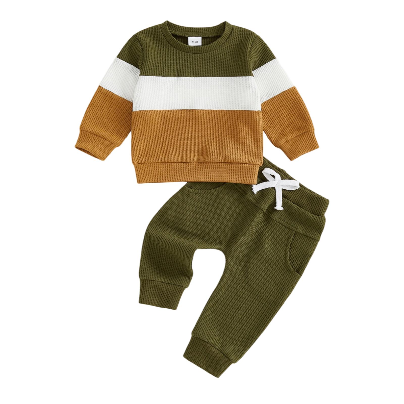 

Baby Boy Fall Tracksuit Outfit Contrast Color Striped Crew Neck Long Sleeve Pullover Tops and Pants 2 Pcs Set 0-6M армія зелений колір
