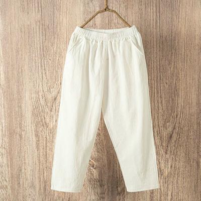 Women Summer Casual Loose Harem Pants Elastic Waist Cotton Linen Pants Ninth Trousers KTB