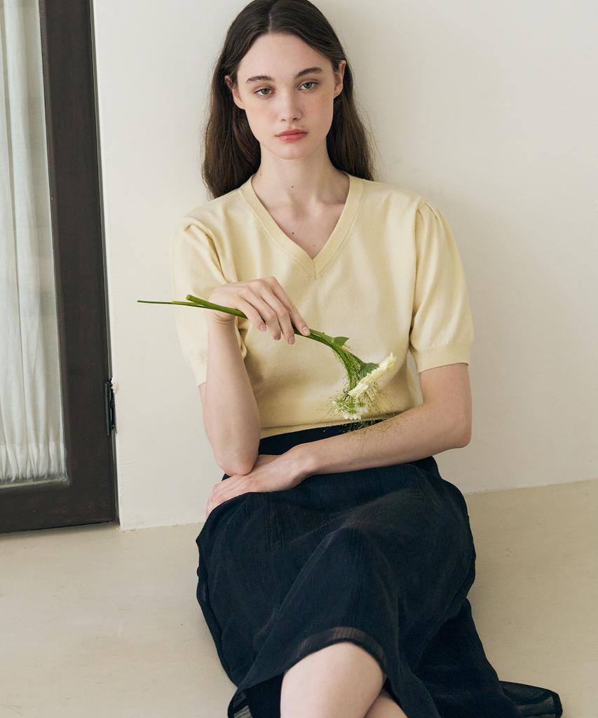 Deuloupisumeon V-Neck Puff Short Sleeve Cotton Knit [Cream]