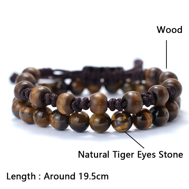 2Pcs/Pair Men Bracelet Set 8mm Onyx Tiger Eyes Stone Braclet Natural Wooden Braslet Homme Weaven Rope Brazalete Pulseira Hombre