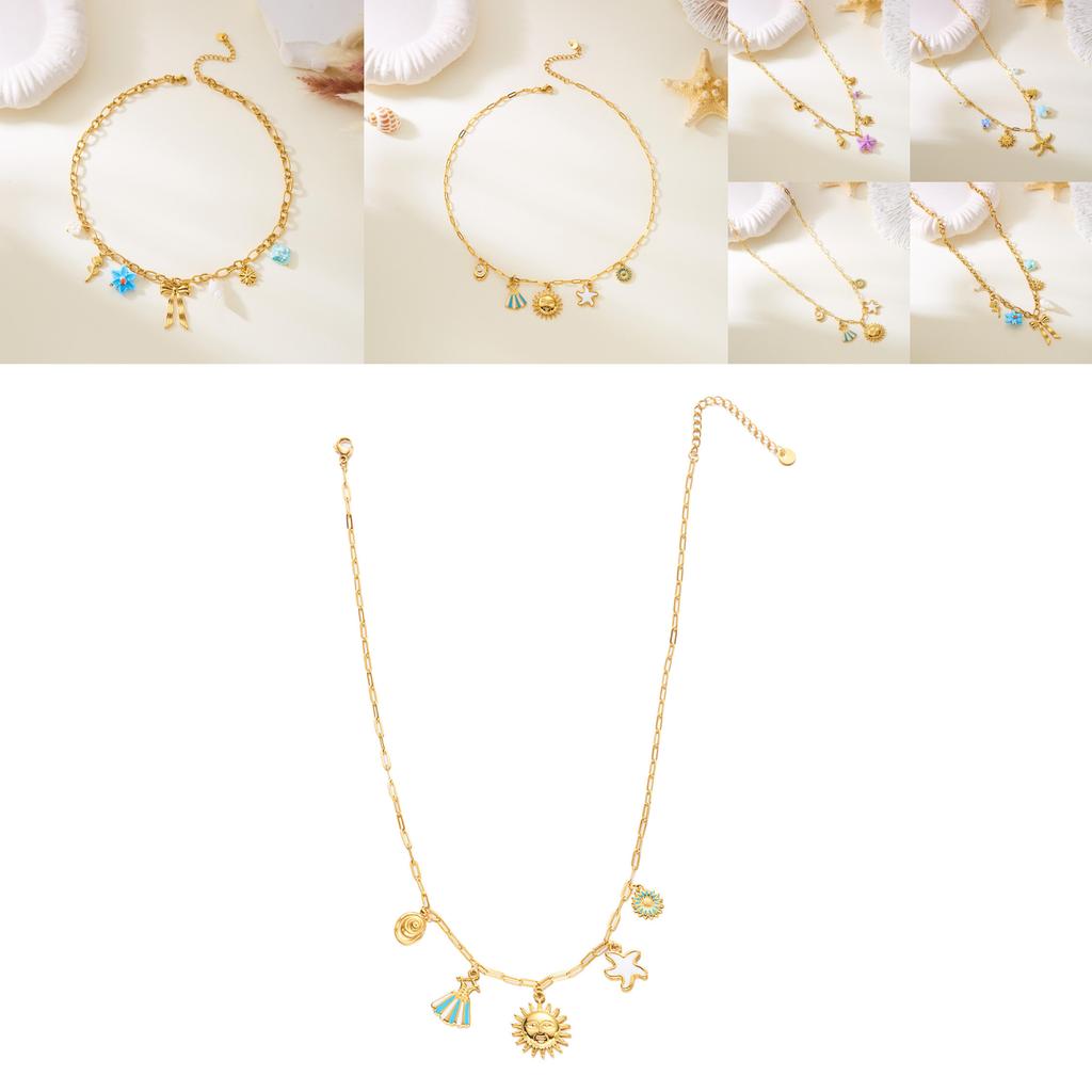 Summer Vacation Style Multilayer Stainless Steel Butterfly Sun Pendant Necklace For Women