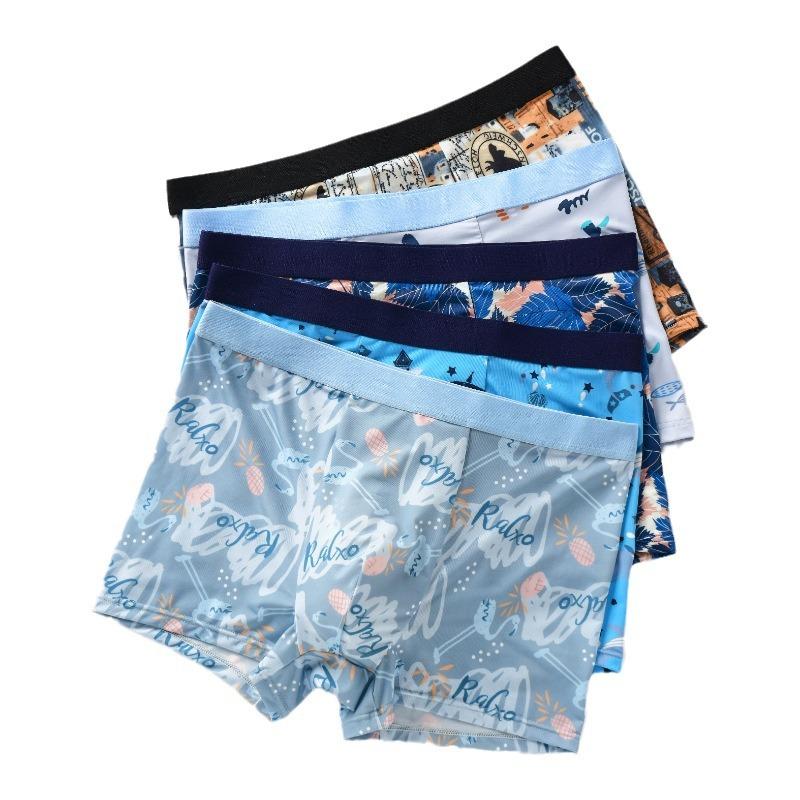 5 Pieces Random colors Boxer Shorts Men's Ice silk Printed Underwear Underwear Cool Plus Size Loose Panties L XL 2XL 3XL 4XL 5XL 6XL