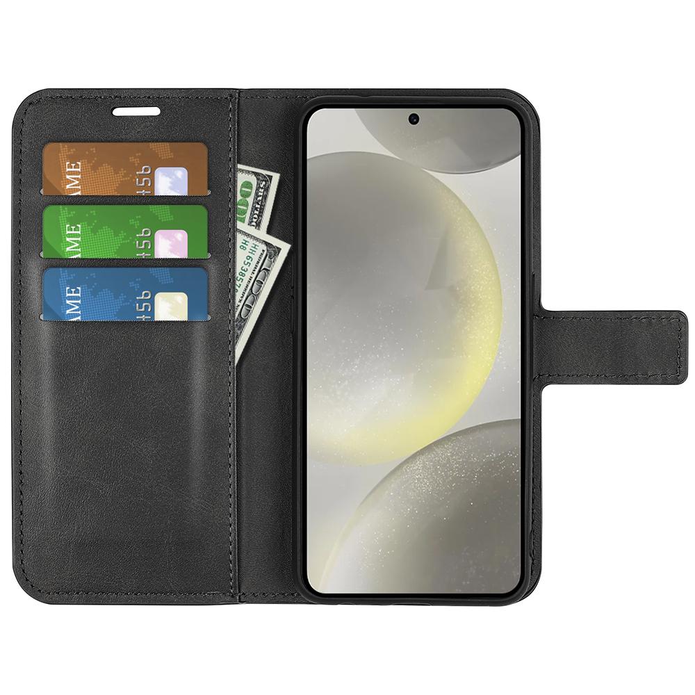 

For Samsung Galaxy S24 FE Stand Case Calf Texture Anti-Scratch Leather Phone Cover Light Brown