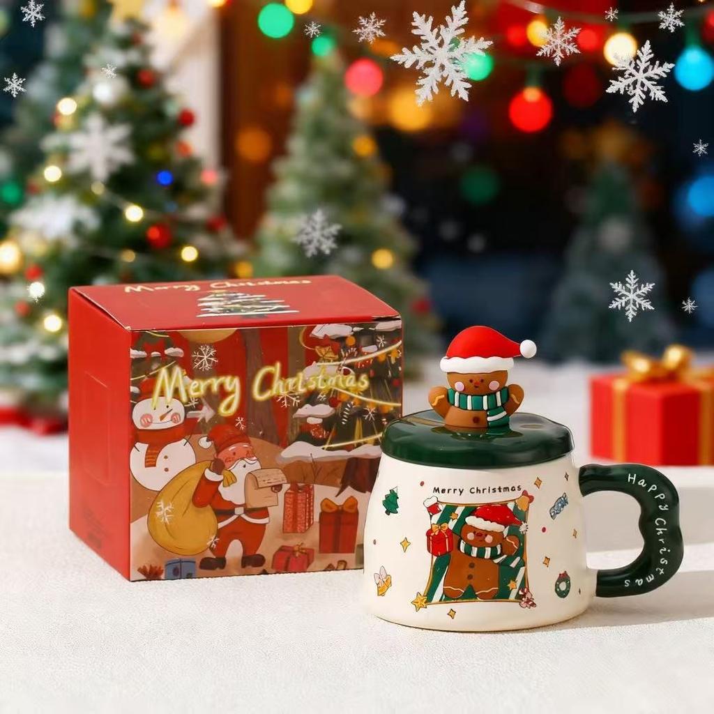 New Christmas Ceramic Cup with Lid Gift Box Cartoon Mug Cute Gingerbread Man Water Cup Set