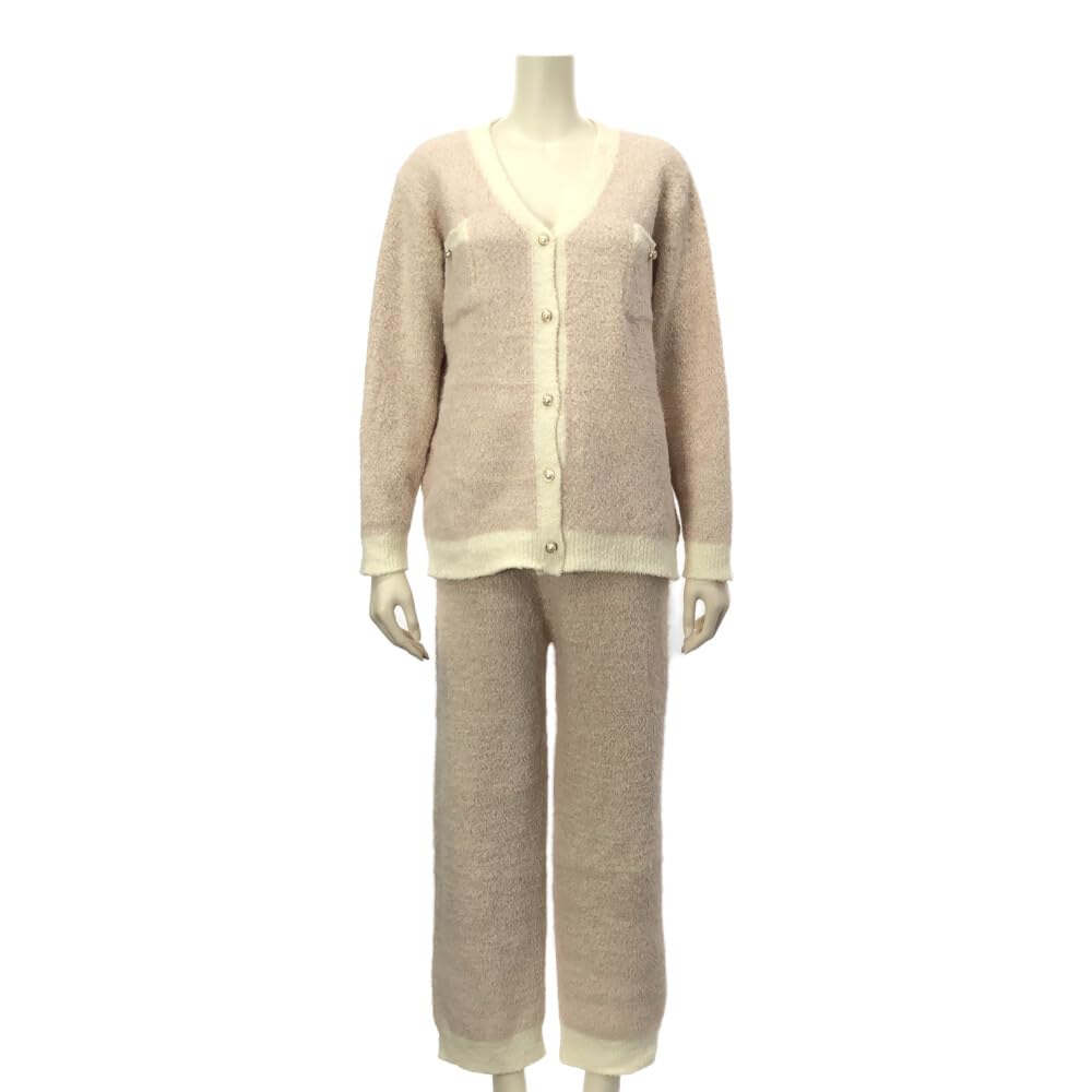 RAVIR Winter Fluffy and Cute Pajama Set and In Muted Colors with Pearl Buttons and Beige One Size Fits All Women's (Top Bottoms) Pockets, Pink,