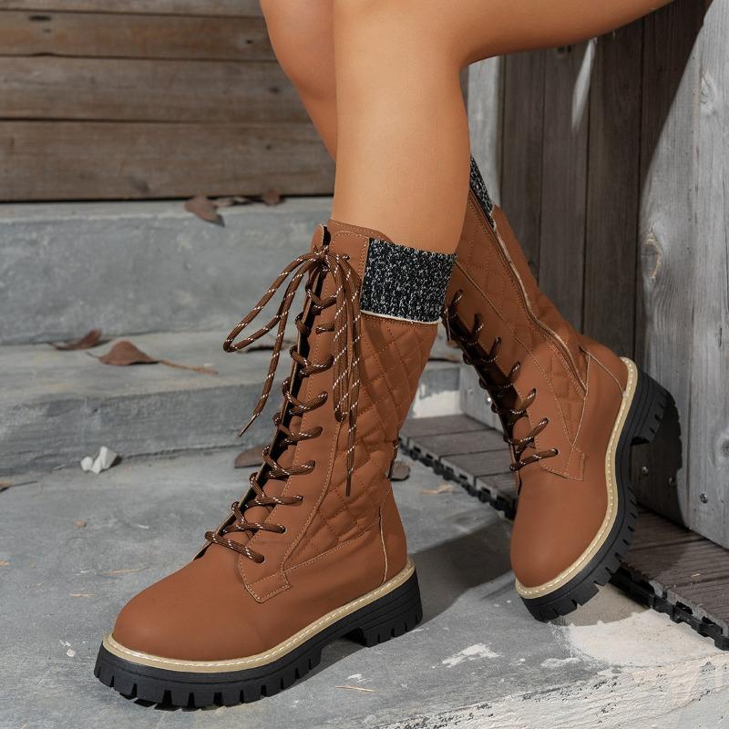 Autumn and Winter Plus Size European and American Cross-border New High-top Front Lace-up Simple Style Thick Heel Women's Boots